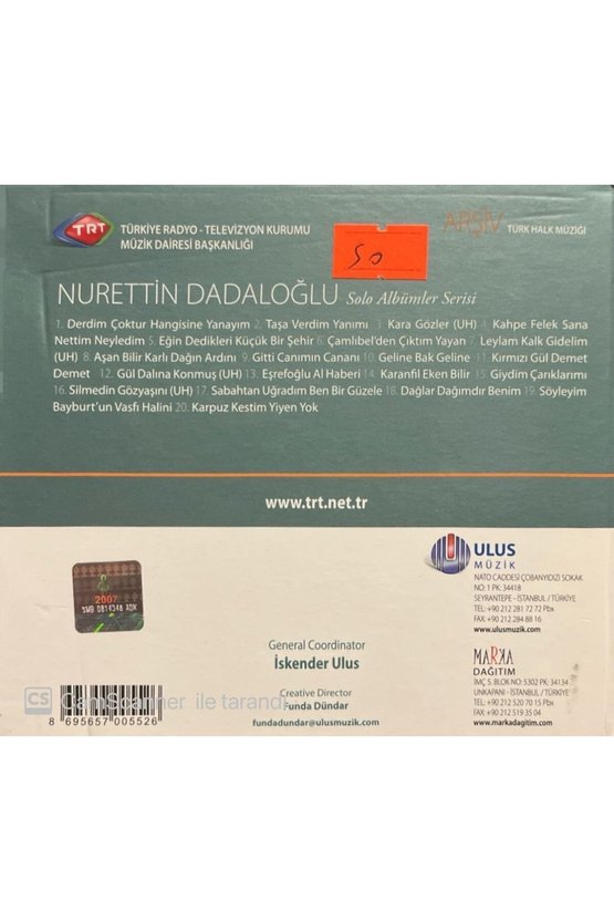 (PLAK DEĞİLDİR CD DİR) Trt Arşiv Serisi 37 Nurettin Dadaloğlu Cd