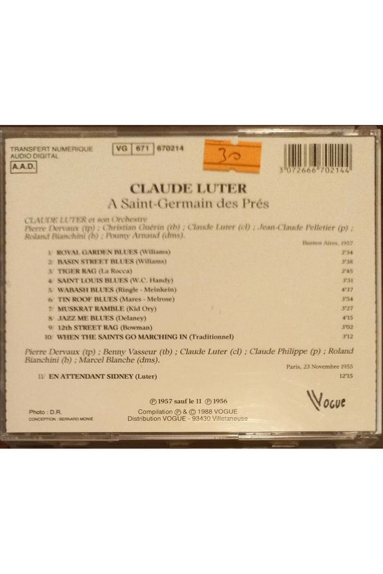 (PLAK DEĞİLDİR CD DİR) Cd Claude Luter A Saint Germain Des Pres Cd