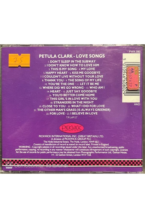 (PLAK DEĞİLDİR CD DİR) Cd Petula Clark Love Songs Cd