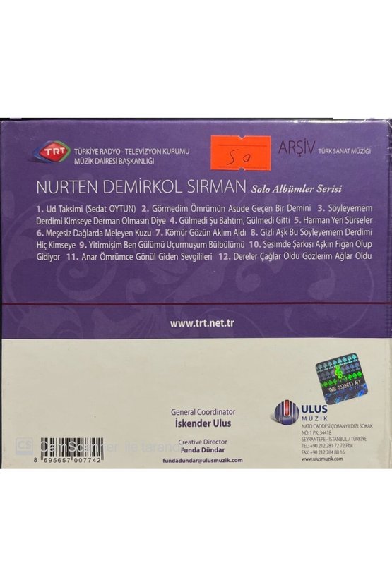 (PLAK DEĞİLDİR CD DİR) Trt Arşiv Serisi 188 Nurten Demirkol Sırman Cd