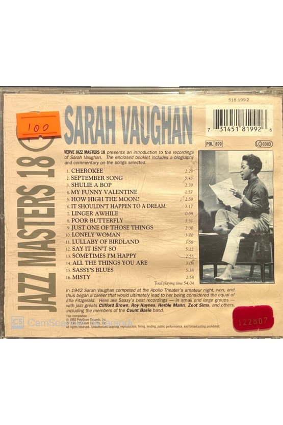 (PLAK DEĞİLDİR CD DİR) Cd Sarah Vaughan Jazz Masters 18 Cd