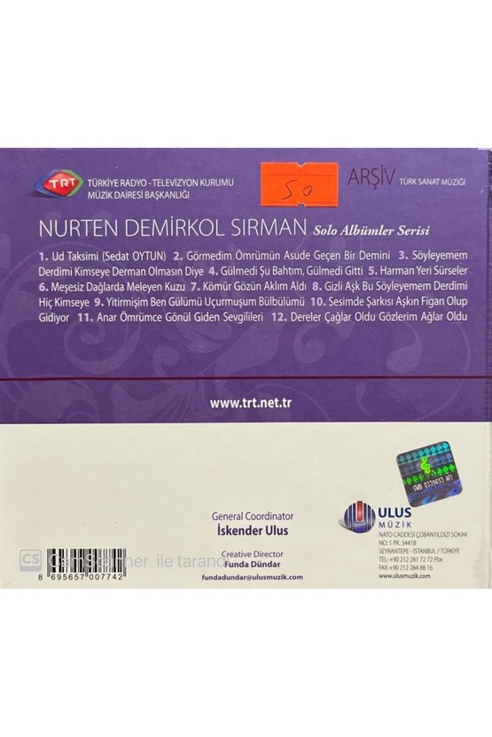 (PLAK DEĞİLDİR CD DİR) Trt Arşiv Serisi 188 Nurten Demirkol Sırman Solo Albümler Serisi Cd
