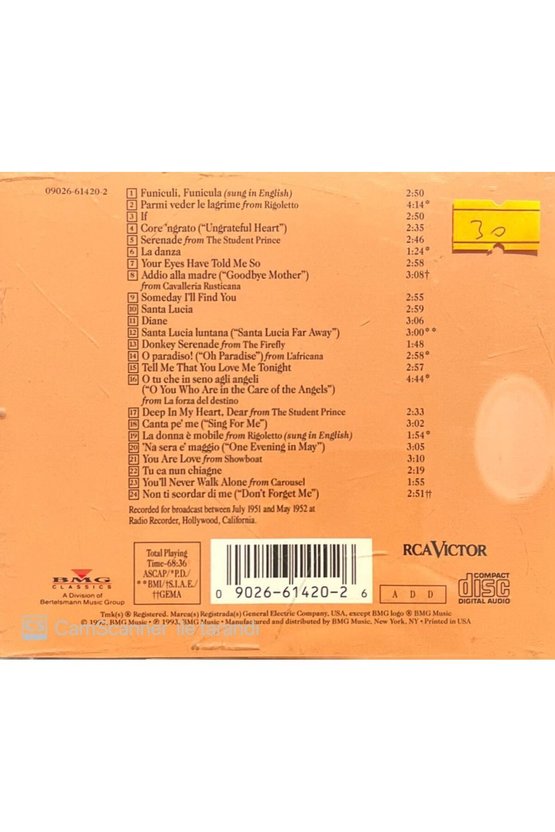 (PLAK DEĞİLDİR CD DİR) Cd Mario Lanza Dont Forget Me Cd