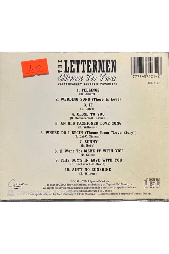(PLAK DEĞİLDİR CD DİR) Cd The Lettermen Close To You Cd