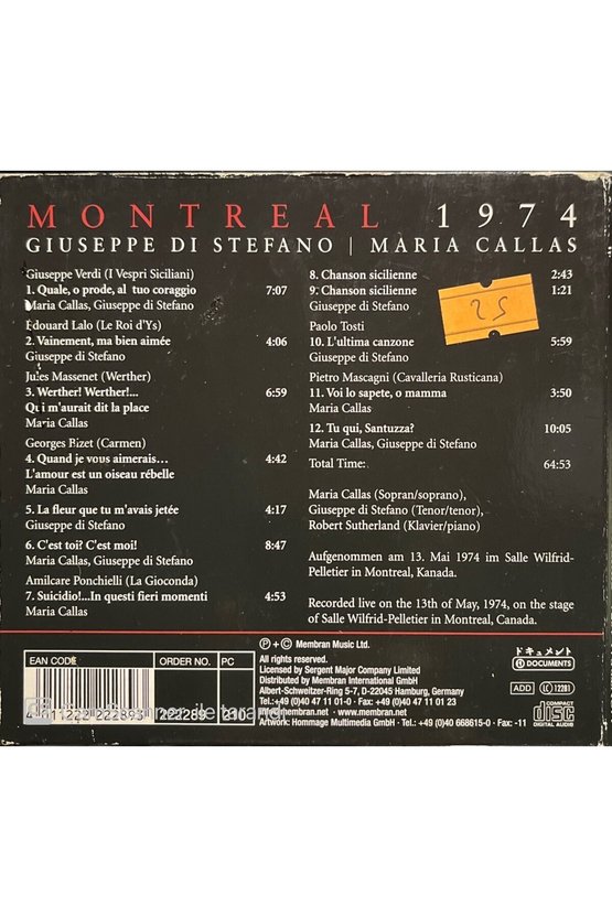 (PLAK DEĞİLDİR CD DİR) Cd Maria Callas Giuseppe Di Stefano Montreal 1974 Cd