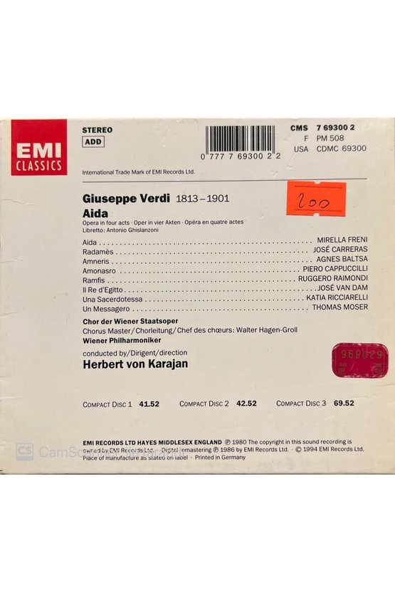 (PLAK DEĞİLDİR CD DİR) Cd Verdi Aida 3 Cd Lik Set