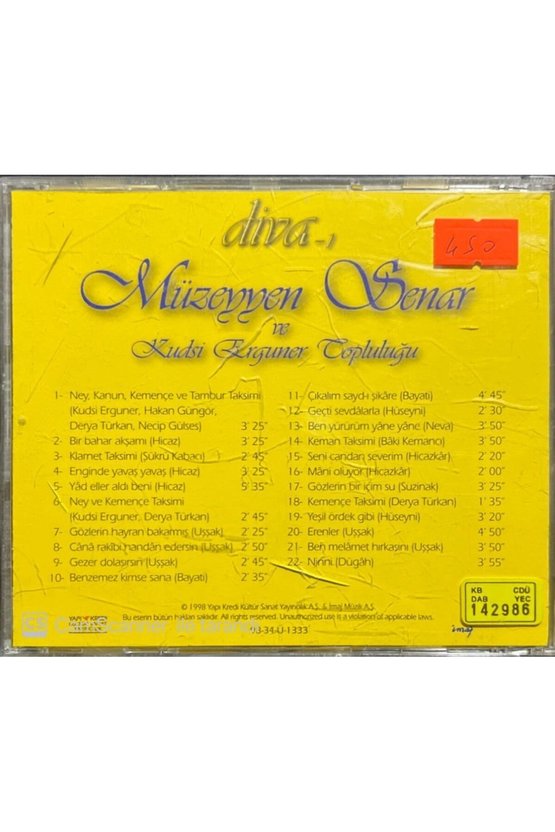 (PLAK DEĞİLDİR CD DİR) Cd Müzeyyen Senar Ve Kudsi Ergüner Topluluğu Diva-1 Sarı Bandrollü Cd
