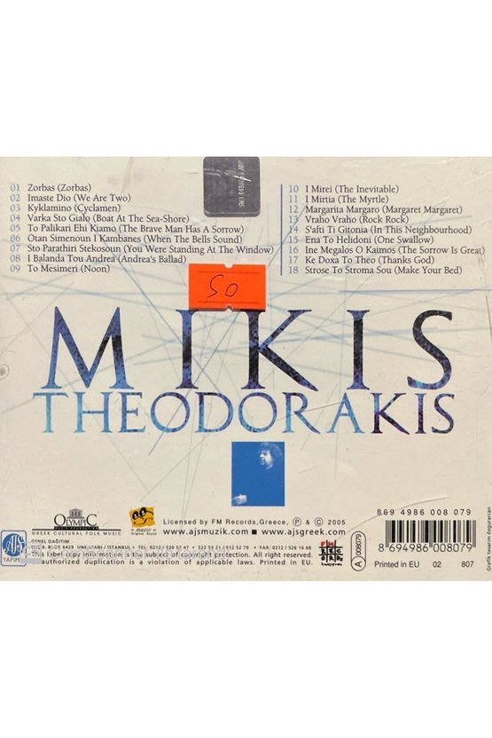 (PLAK DEĞİLDİR CD DİR) Cd Mikis Theodorakis The Best Of Greek Composers 1 Cd