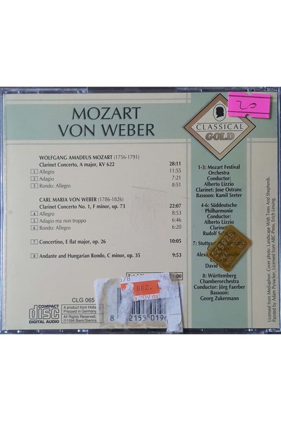 (PLAK DEĞİLDİR CD DİR) Cd Classical Gold Mozart Von Weber Cd