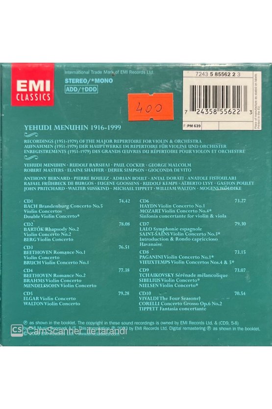 (PLAK DEĞİLDİR CD DİR) Cd Yehudi Mehunin The Violinist 10 Cd Lik Set
