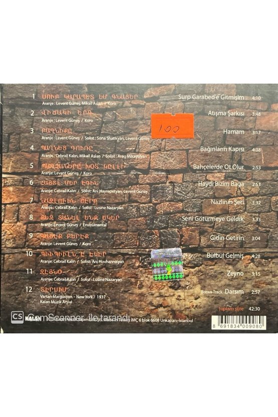 (PLAK DEĞİLDİR CD DİR) Cd Petag Dersim Ermeni Halk Şarkıları Cd