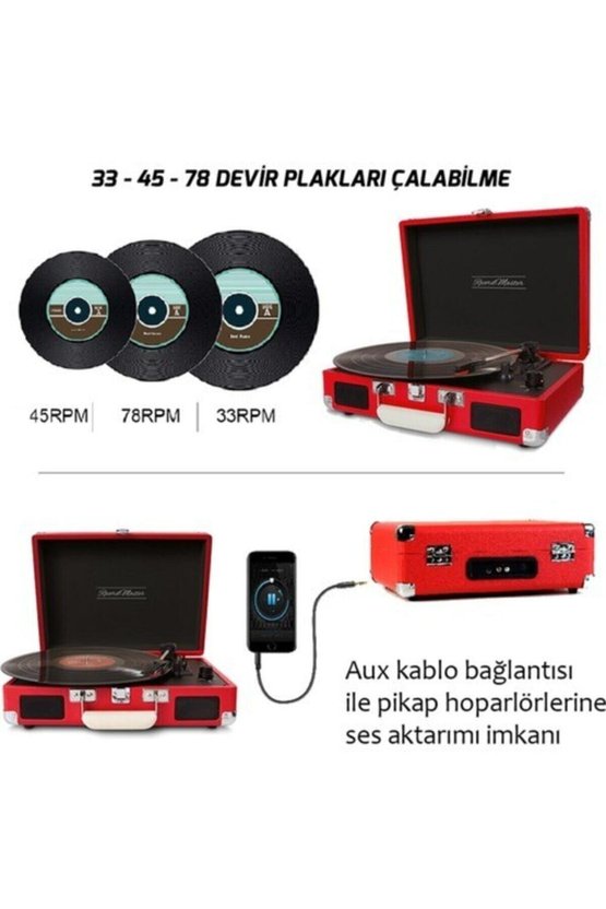 Record Master T310CH Şarj Özellikli Pikap - 33, 45, 78 Devir T310CH- KIRMIZI