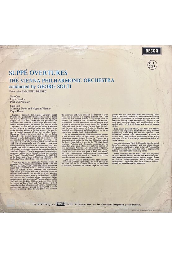 Suppe Overtures Vienna Philharmonic Solti LP Plak