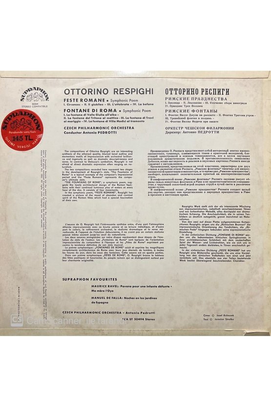 Ottorino Respighi Feste Romance Fontane Di Roma LP Plak