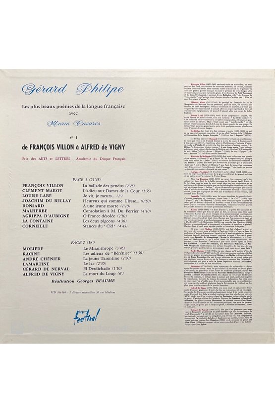 Gerard Philipe Avec Maria Casares Les Plus Beaux Poemes De La Langue Française Double LP Plak