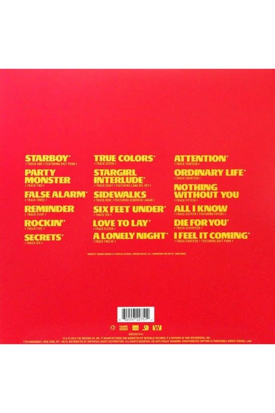 The Weeknd Starboy Double (TRANSLUCENT RED VİNYL) Kırmızı Renkli Lp Plak