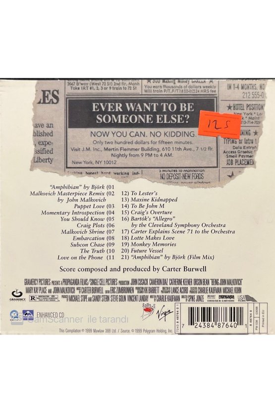 (PLAK DEĞİLDİR CD DİR) Being John Malkovich Soundtrack Cd