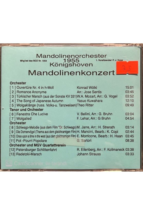 (PLAK DEĞİLDİR CD DİR) Mandolinenorchester 1955 Mandolinenkonzert Classic Cd