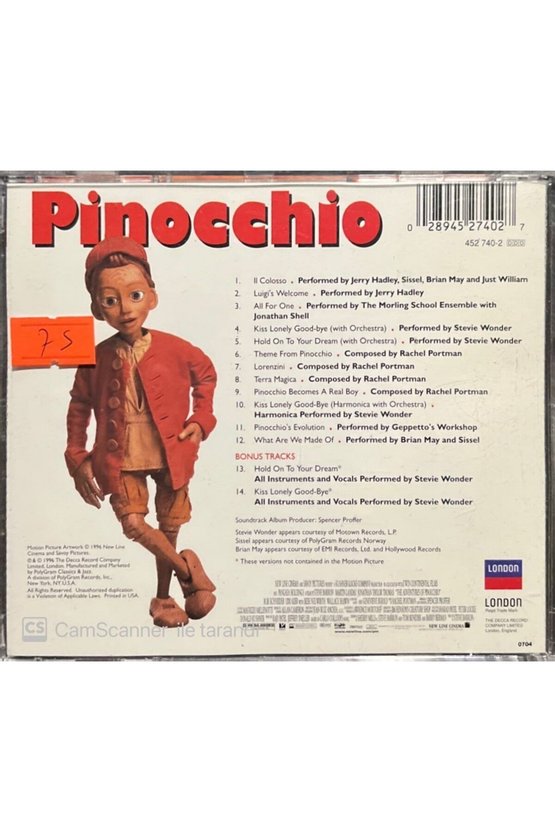 (PLAK DEĞİLDİR CD DİR) Pinocchio Soundtrack Cd