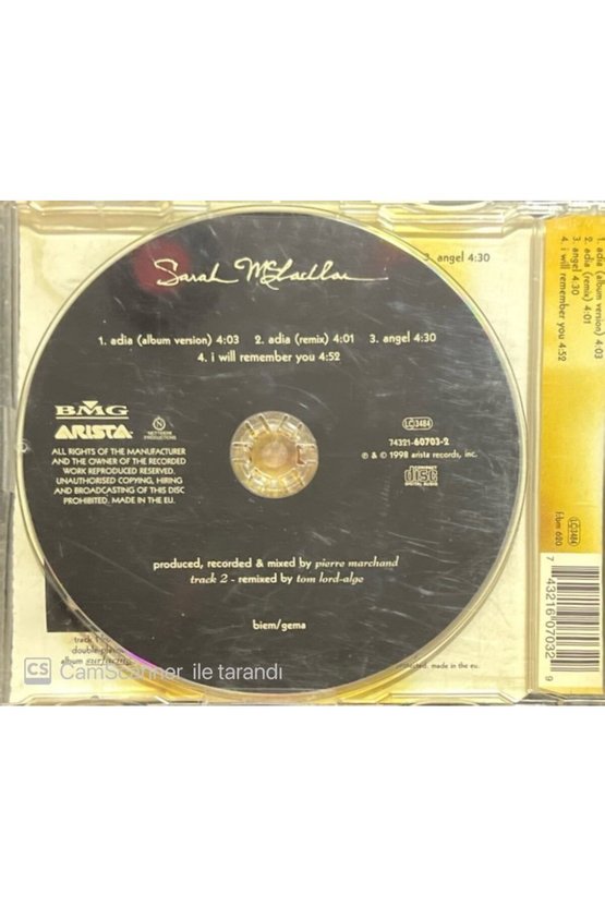 (PLAK DEĞİLDİR CD DİR) Sarah Mclachan Adia Maxi Single Cd