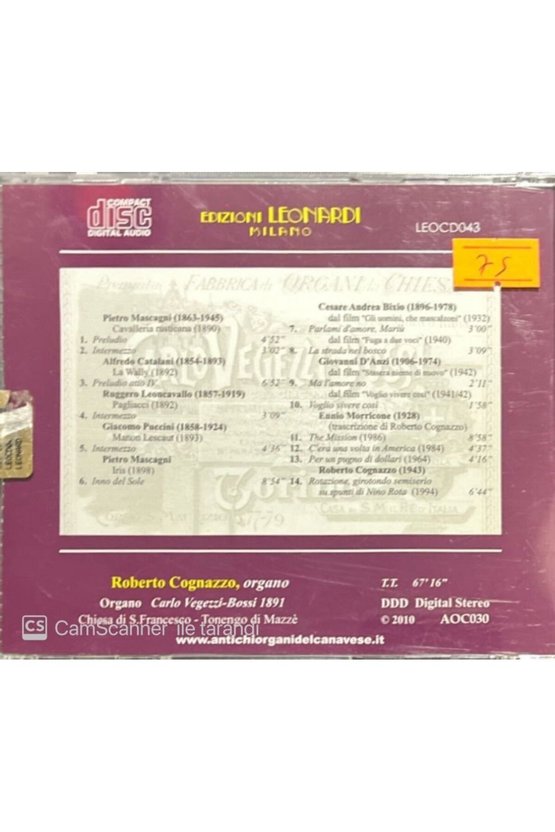 (PLAK DEĞİLDİR CD DİR) Roberto Cognazzo Carlo Vegezzi-bossi 1891 Cd