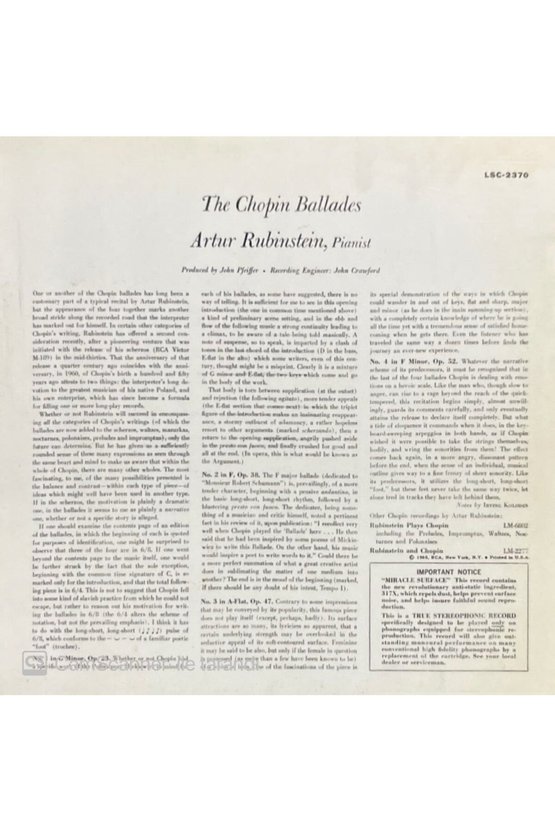 (PLAK DEĞİLDİR CD DİR) Rubinstein The Chopin Ballades & Scherzos Cd