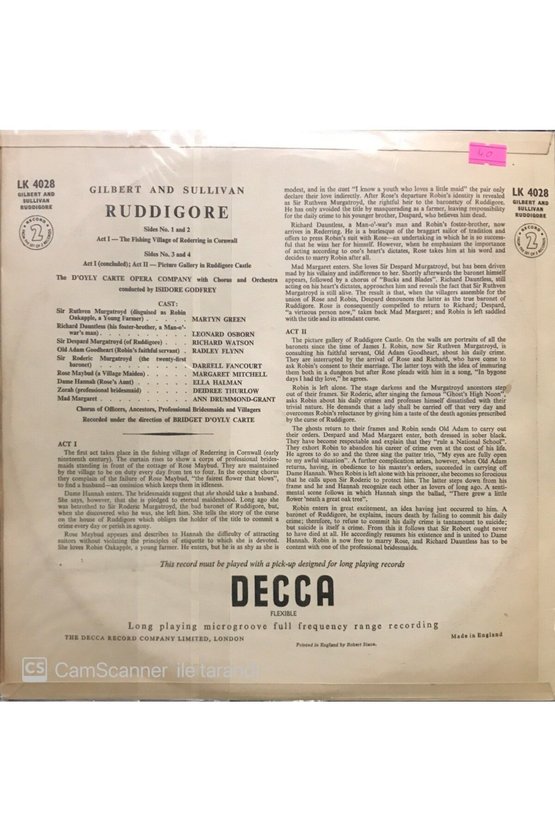 Gilbert And Sullivan Ruddigore 2 Plaklık Set LP Klasik Plak