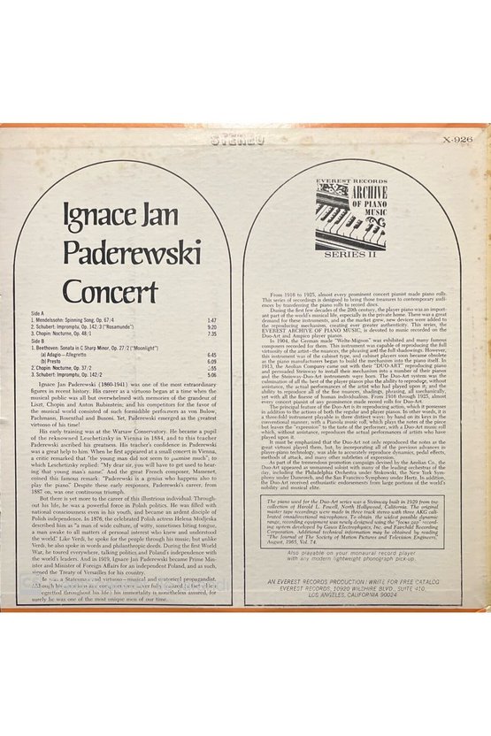 Ignace Jan Paderewski Concert LP Plak
