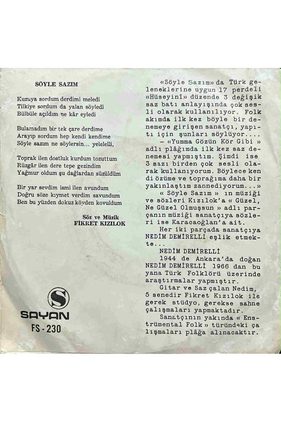 Fikret Kızılok Söyle Sazım 45lik Plak