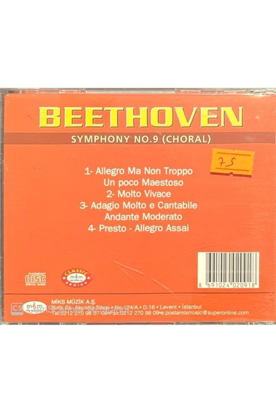 (PLAK DEĞİLDİR CD DİR) Beethoven Symphony No.9 (CHORAL) Cd