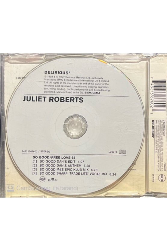 (PLAK DEĞİLDİR CD DİR) Juliet Roberts So Good Free Love 98 Maxi Single Cd