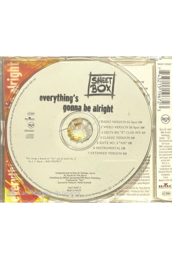 (PLAK DEĞİLDİR CD DİR) Sweet Box Everythings Gonna Be Alright Maxi Single Cd