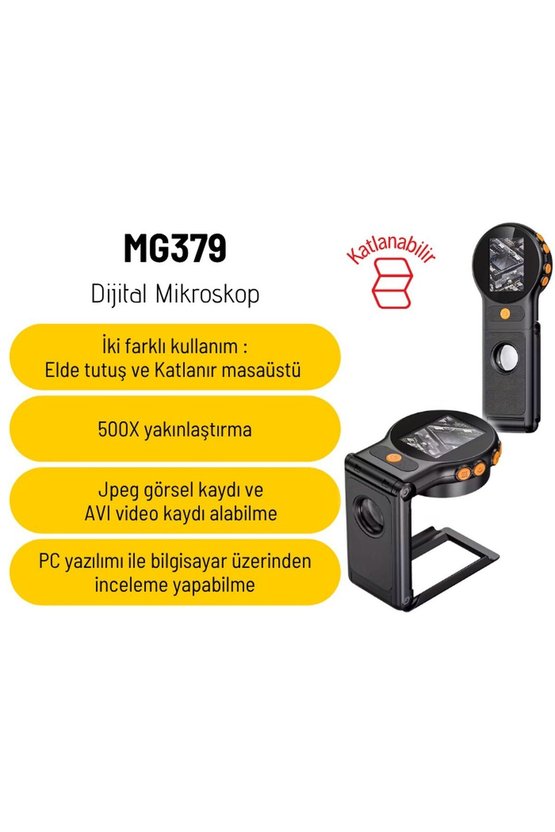 MG379 Dijital Mikroskop 500X Katlanabilir Masaüstü ve El Büyüteci 2.0 Inç IPS Ekran 8 LED Işıklı Oto