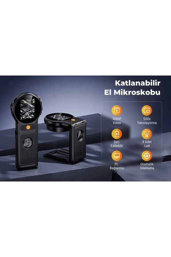 MG379 Dijital Mikroskop 500X Katlanabilir Masaüstü ve El Büyüteci 2.0 Inç IPS Ekran 8 LED Işıklı Oto
