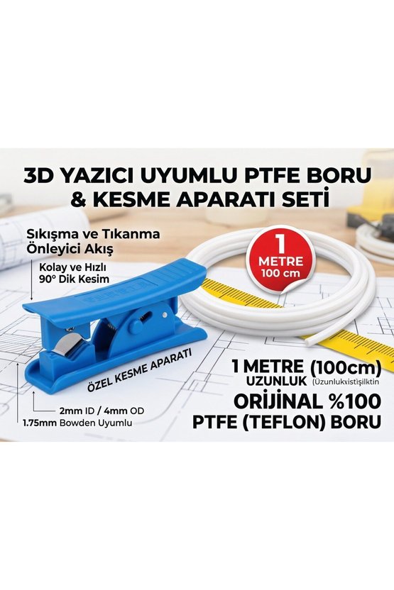 3DSWAY PTFE Bowden Boru 1.75mm ID 2mm OD 4mm Beyaz 1 Metre Kesici Kiti 3D Yazıcı Ekstruder Teflon Fi