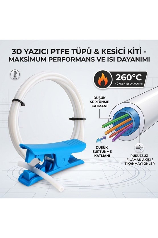 3DSWAY PTFE Bowden Boru 1.75mm ID 2mm OD 4mm Beyaz 1 Metre Kesici Kiti 3D Yazıcı Ekstruder Teflon Fi