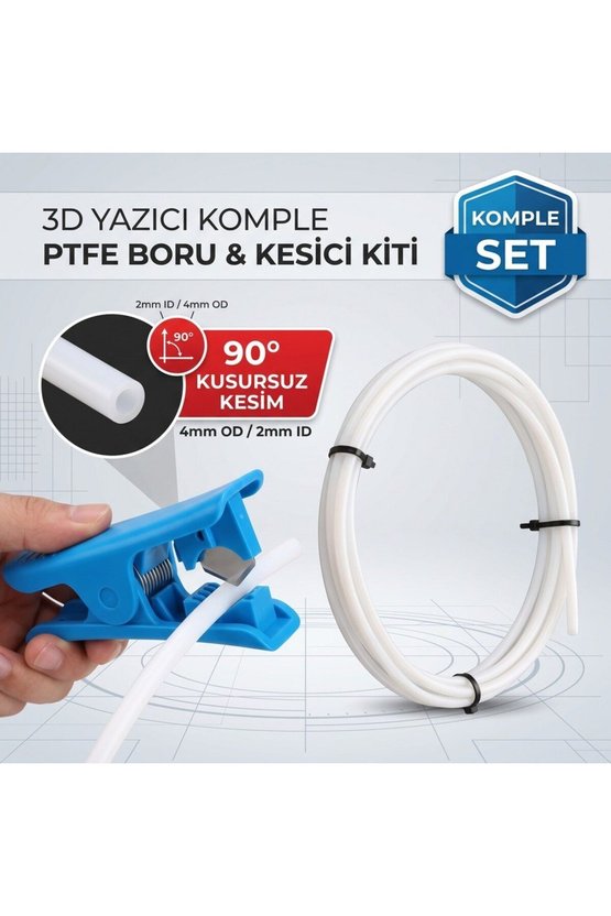 3DSWAY PTFE Bowden Boru 1.75mm ID 2mm OD 4mm Beyaz 1 Metre Kesici Kiti 3D Yazıcı Ekstruder Teflon Fi