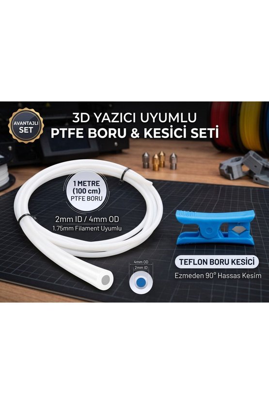 3DSWAY PTFE Bowden Boru 1.75mm ID 2mm OD 4mm Beyaz 1 Metre Kesici Kiti 3D Yazıcı Ekstruder Teflon Fi