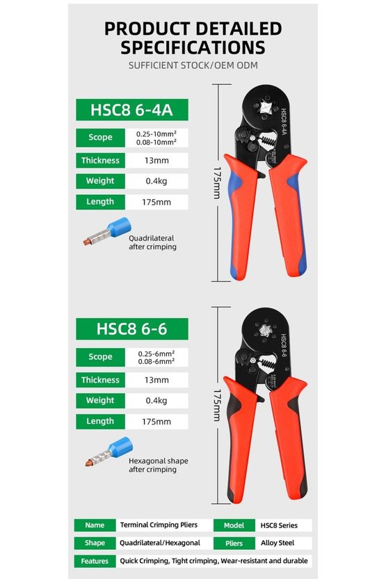 HSC8 6-4A Yüksük Sıkma Pensesi 0.25-10 mm² Dörtgen Cırcırlı Pres Kendinden Ayarlı Dört Çeneli Kablo