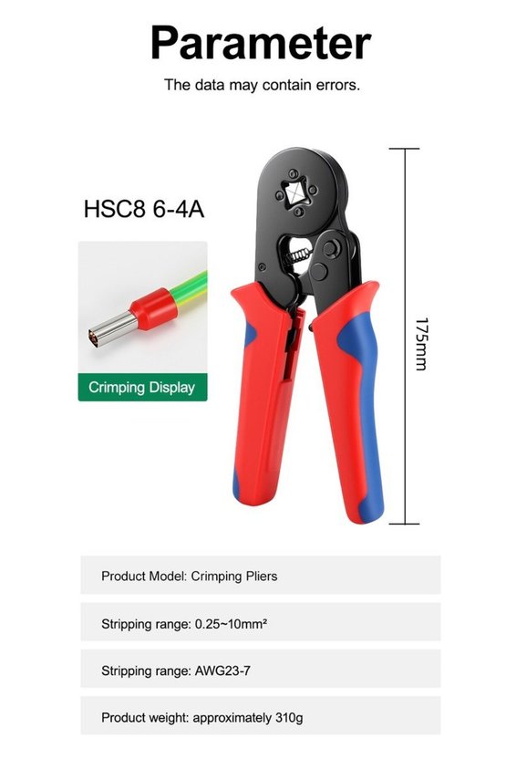 HSC8 6-4A Yüksük Sıkma Pensesi 0.25-10 mm² Dörtgen Cırcırlı Pres Kendinden Ayarlı Dört Çeneli Kablo
