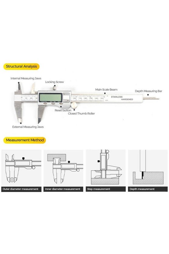 Paslanmaz Çelik Dijital Kumpas 150mm 0.01mm Geniş LCD Ekranlı Set Kutulu Pilli Dört Yönlü Hassas Atö