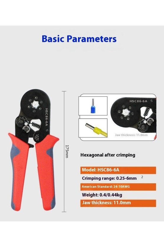 HSC8 6-6A Altıgen Yüksük Sıkma Pensesi 0.25-6mm² Cırcırlı Pense Kendinden Ayarlı Kablo Ucu Krimp Sı