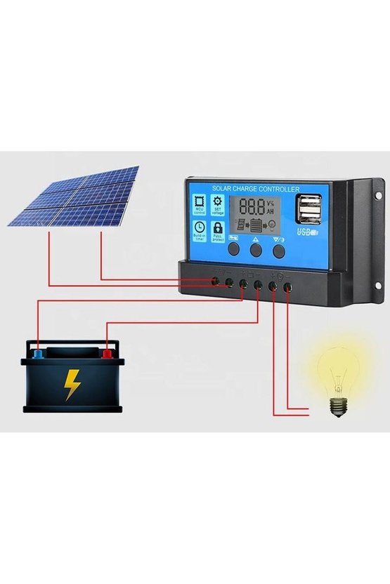 30A Güneş Paneli Şarj Kontrol Cihazı 12V 24V Otomatik Regülatörü LCD Ekranlı Çift USB Çıkışlı Akıllı