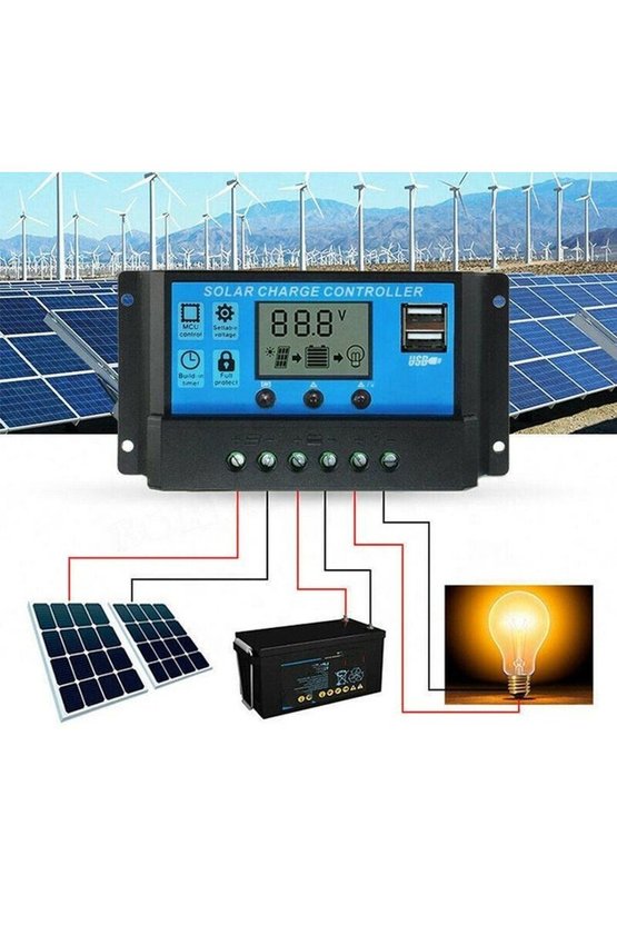 30A Güneş Paneli Şarj Kontrol Cihazı 12V 24V Otomatik Regülatörü LCD Ekranlı Çift USB Çıkışlı Akıllı