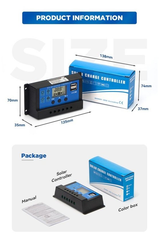 Güneş Paneli Şarj Kontrol Cihazı Regülatörü 20A 12V 24V LCD Ekran Çift USB Çıkışlı PWM Akü Şarj Regü
