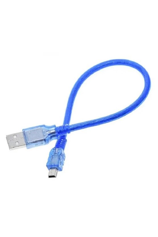 Mini USB Type-B 30 cm Veri ve Şarj Kablosu Şeffaf Mavi Arduino Nano Uyumlu