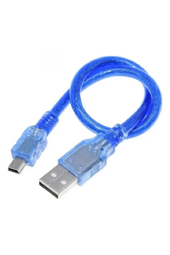 Mini USB Type-B 30 cm Veri ve Şarj Kablosu Şeffaf Mavi Arduino Nano Uyumlu