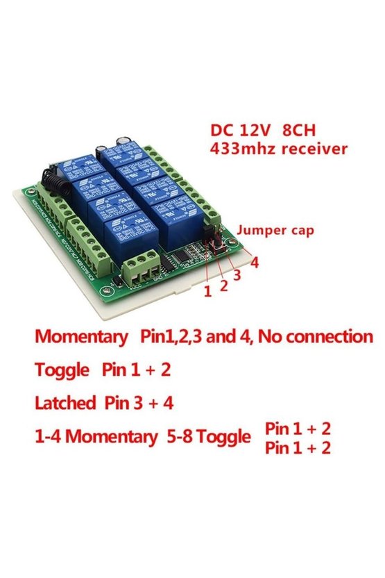 12V 8 Kanal 433 MHz RF Kablosuz Kumandalı Röle Modülü Seti