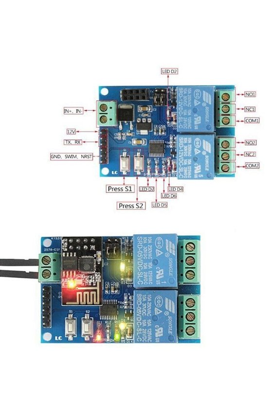 ESP8266 2 Kanal 12V ESP-01 Wi-Fi Röle Modülü Akıllı Ev ve IoT Geliştirme Kartı