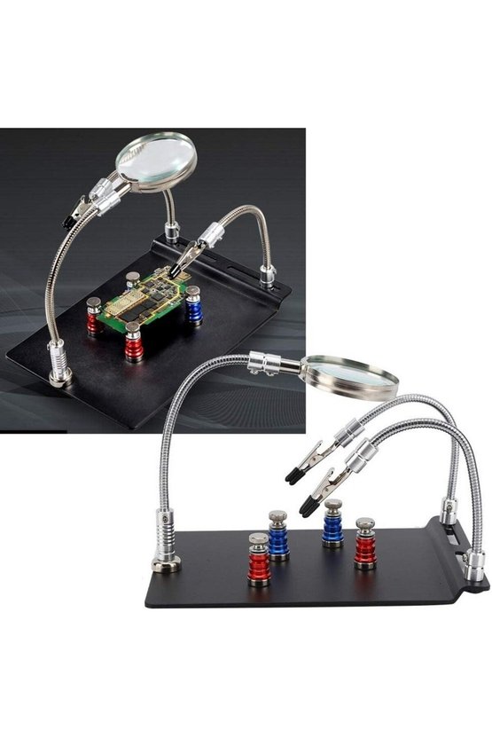 Manyetik Tabanlı Büyüteçli Lehimleme Üçüncü El PCB Devre Tutucu Havya Standı Esnek Kollu